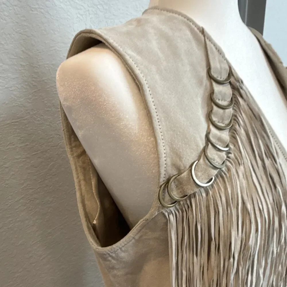 Rare NWT VTG Pamela McCoy Suede Fringe Vest Boho Western Cowgirl Beige Medium